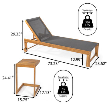 Trabuco Coastal Modern Acacia Wood Mesh 3-Position Outdoor Chaise Lounge Set with Side Table - JONATHAN Y